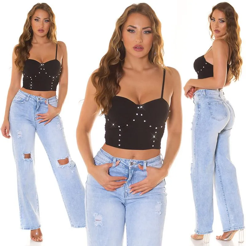 Top bandeau corto y brillantes negro