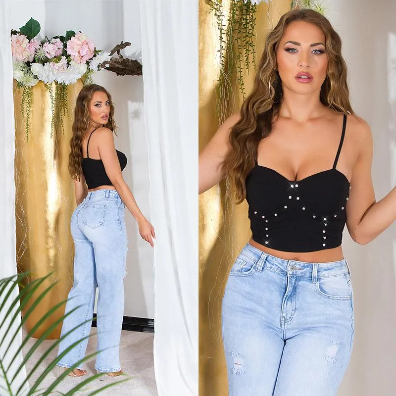 Top bandeau corto y brillantes negro
