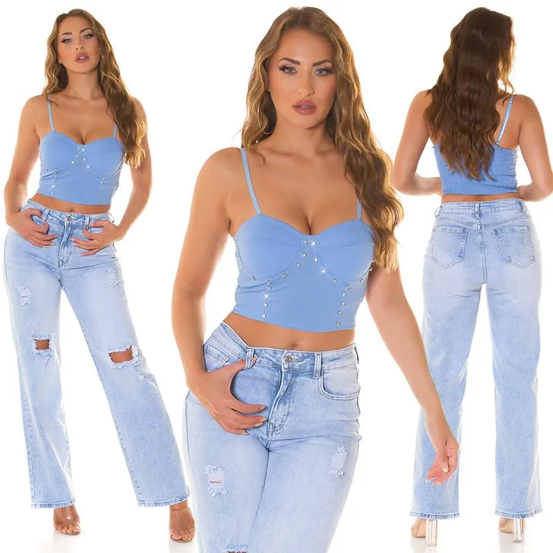 Top bandeau y tachuelas brillantes azul