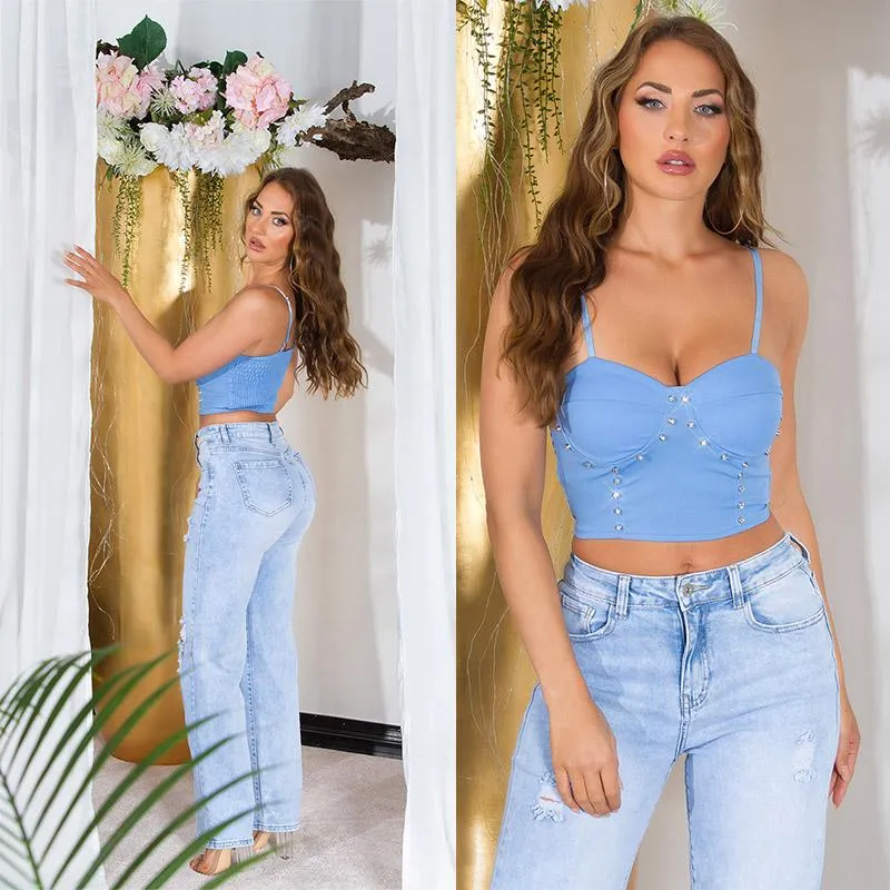 Top bandeau y tachuelas brillantes azul