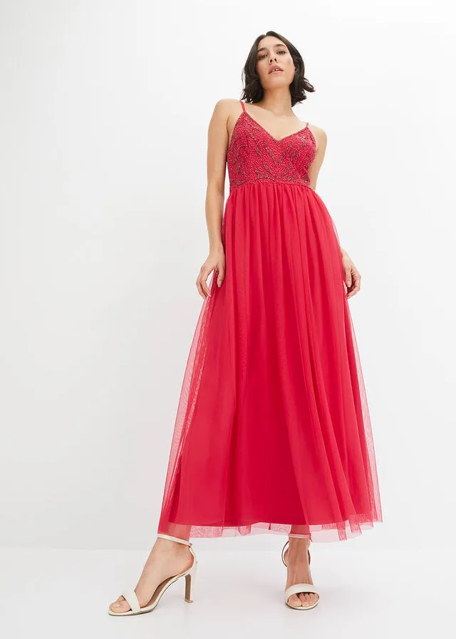 Vestido con aplicaciones de perlas Magenta