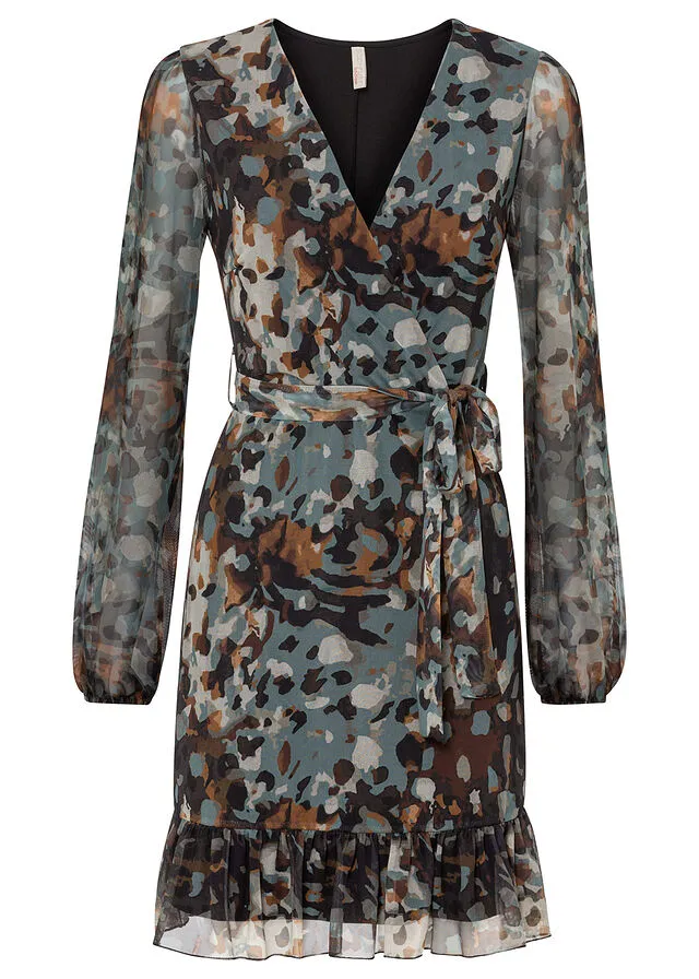 VESTIDO CON DISEñO CRUZADO MARRóN OSCUROBEIGEAMARILLO OSCURO ESTAMPADO