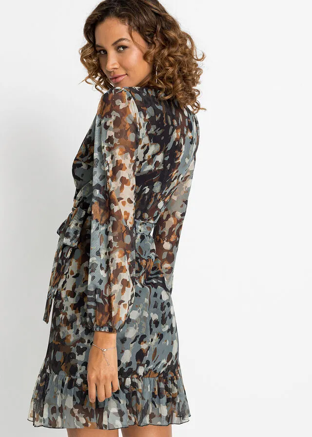 VESTIDO CON DISEñO CRUZADO MARRóN OSCUROBEIGEAMARILLO OSCURO ESTAMPADO