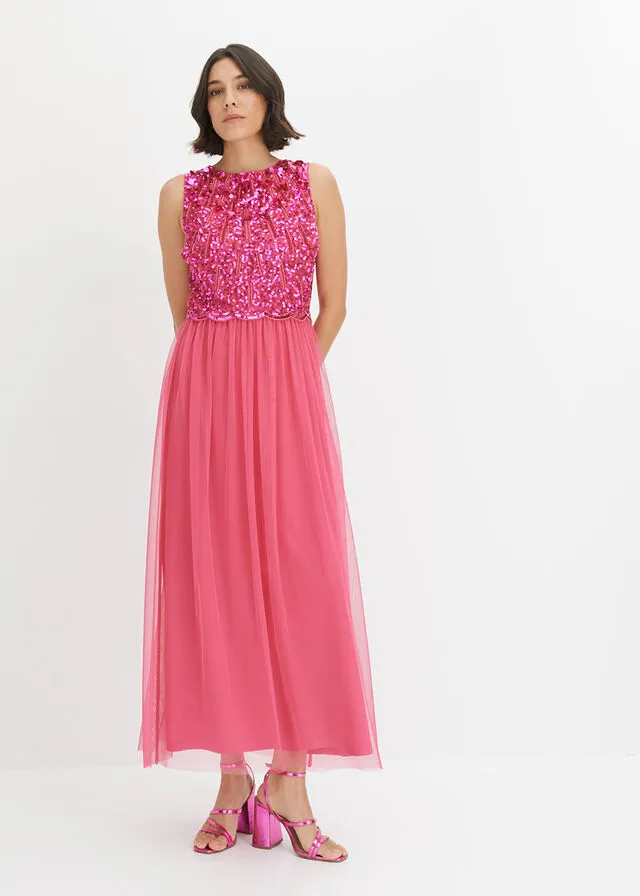 Vestido largo con aplicación de perlas Rosa oscuro