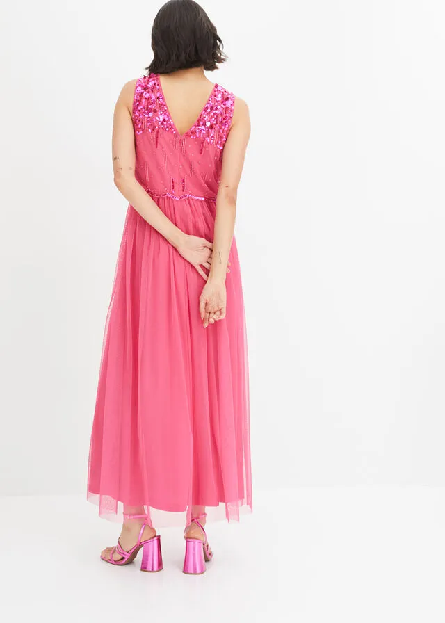Vestido largo con aplicación de perlas Rosa oscuro