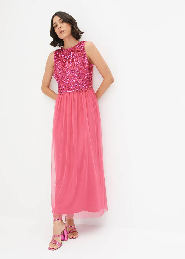 Vestido largo con aplicación de perlas Rosa oscuro