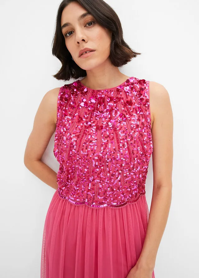 Vestido largo con aplicación de perlas Rosa oscuro