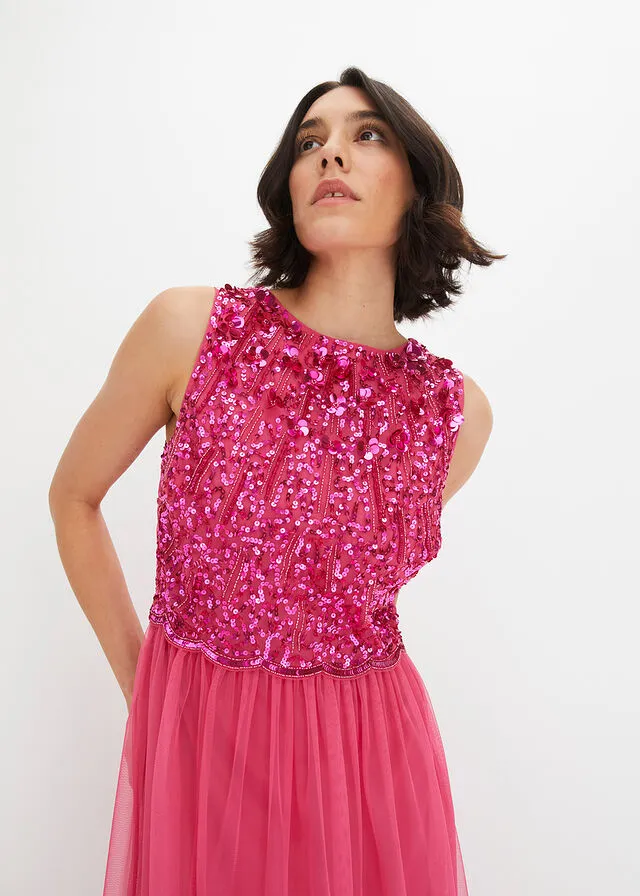 Vestido largo con aplicación de perlas Rosa oscuro