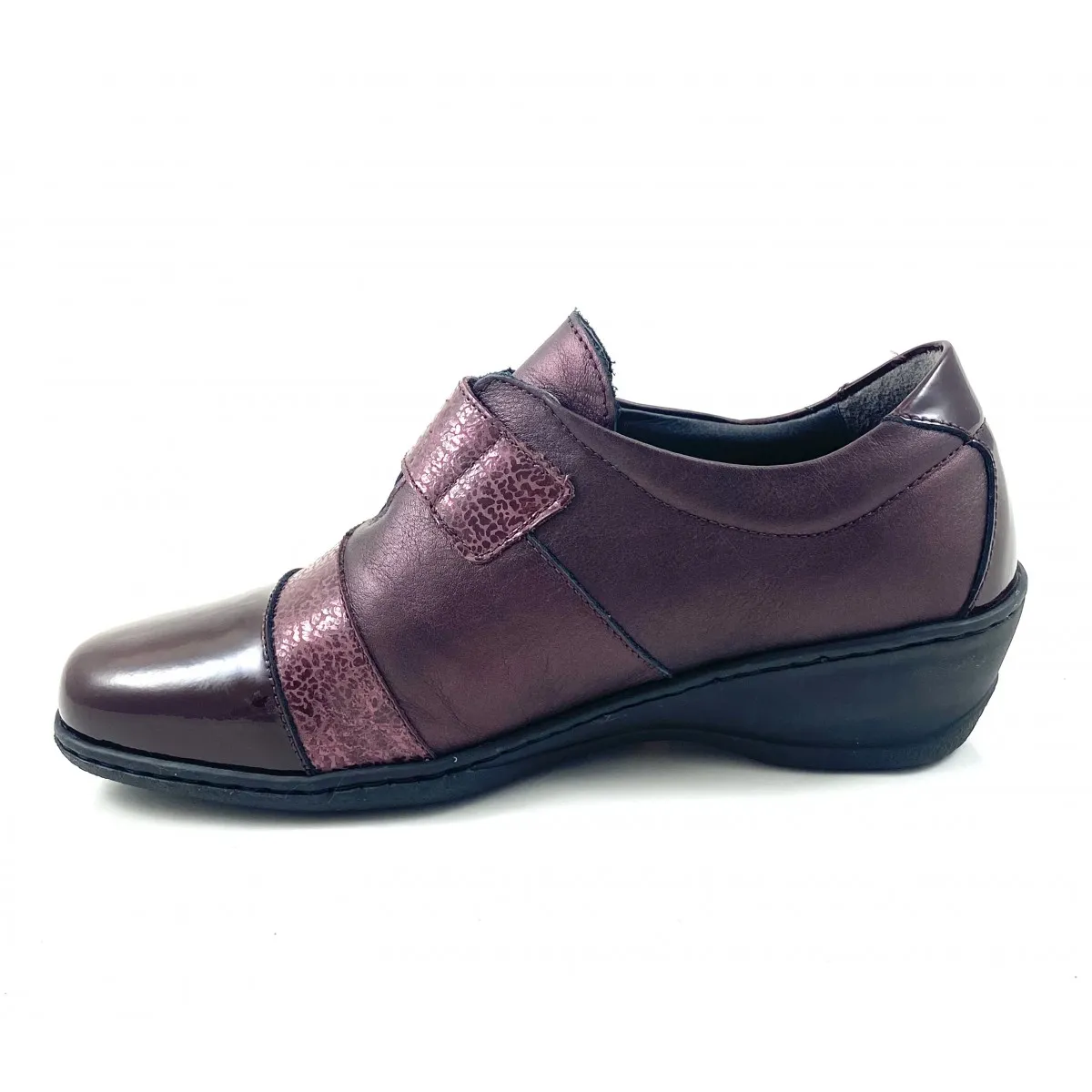 Zapato velcro ancho especial mujer, negro y burdeos N2208