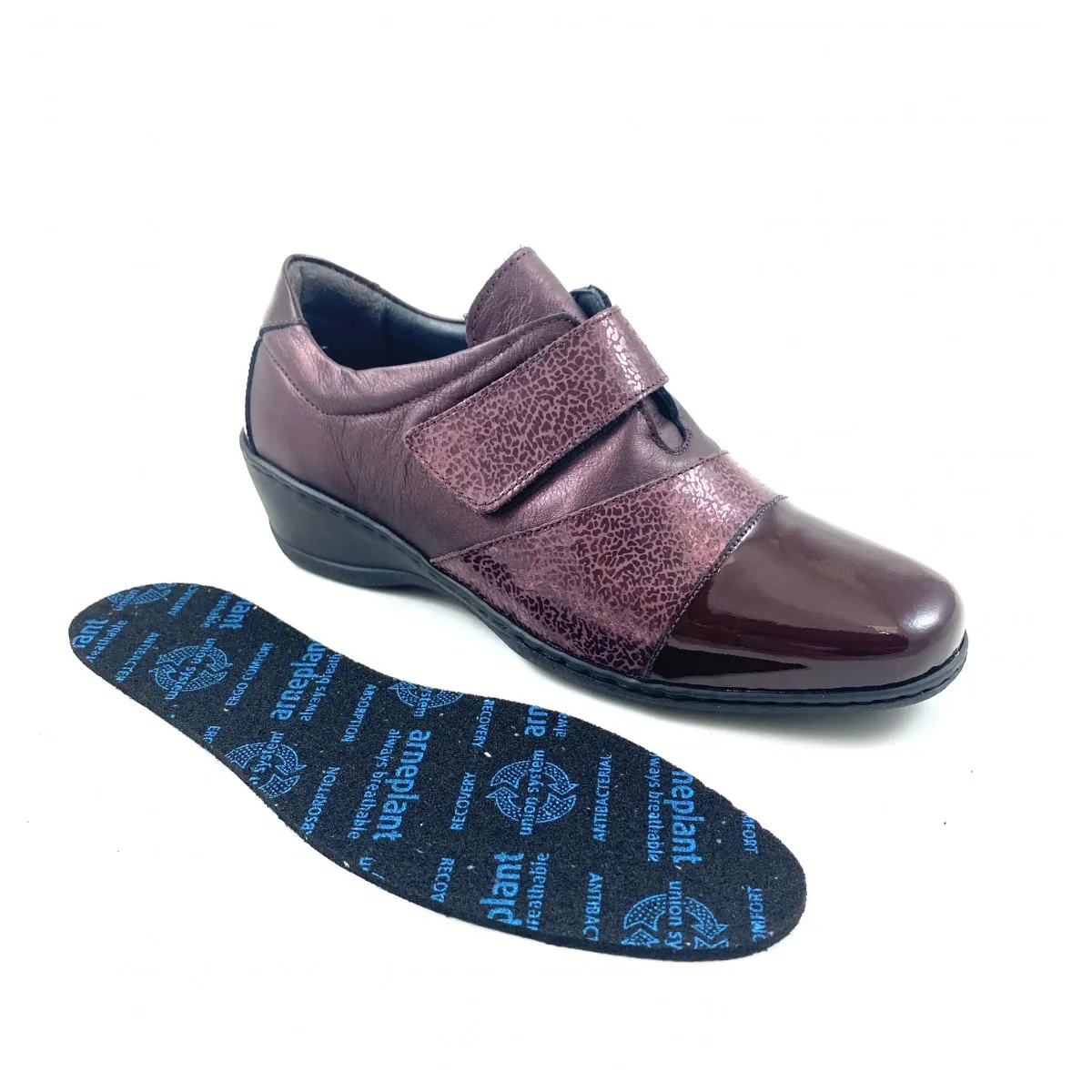 Zapato velcro ancho especial mujer, negro y burdeos N2208